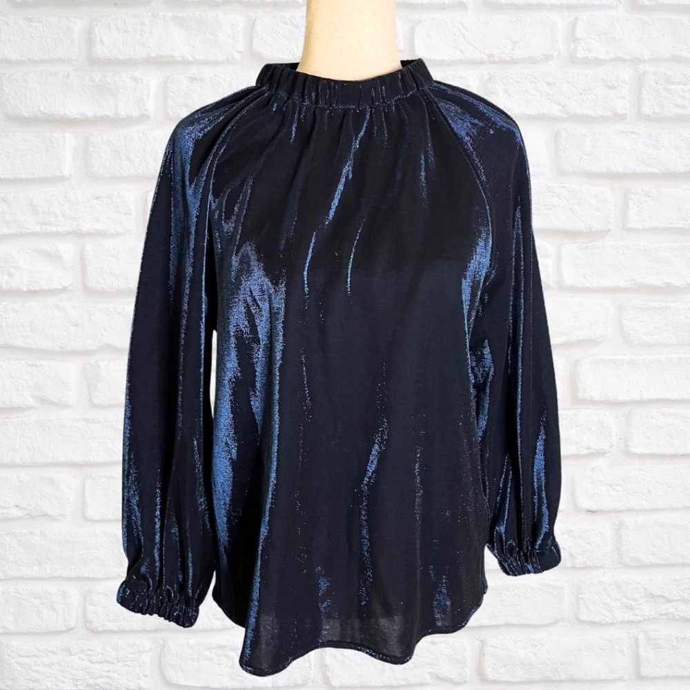 Tibi Metallic Blue Long Sleeve Top Mock Neck Size Medium Dressy Sparkle Sz M